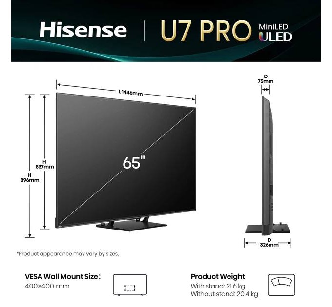 Телевізор 65" Hisense 65U7Q PRO (Mini-LED, QLED, 144Hz, Google TV, HDMI 2.1)