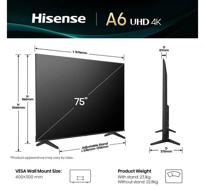Телевізор 75" Hisense 75A6Q (QLED, 4K Ultra HD, Smart TV, VIDAA, Dolby Vision)