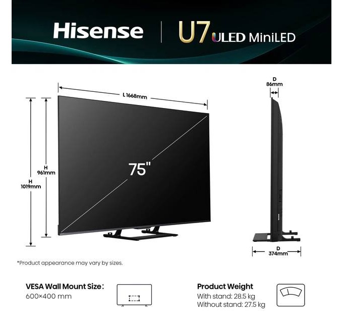 Телевизор 75" Hisense 75U7Q (ULED, Mini-LED, 4K Ultra HD, 144Hz, Google TV)