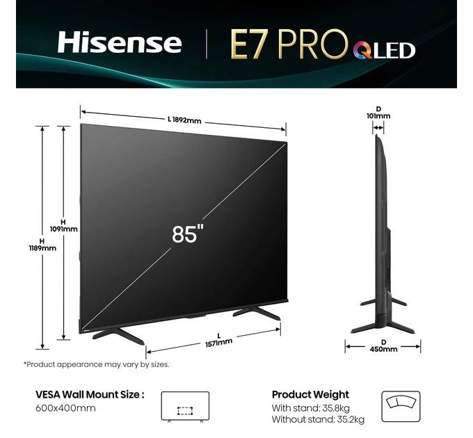 Телевізор 85" Hisense 85E7Q PRO (QLED, 4K Ultra HD, 144Hz, Game Mode Pro, HDMI 2.1)
