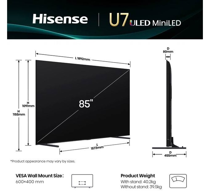 Телевізор 85" Hisense 85U7Q (Mini-LED, ULED, 144Hz, 4K Ultra HD, Google TV)