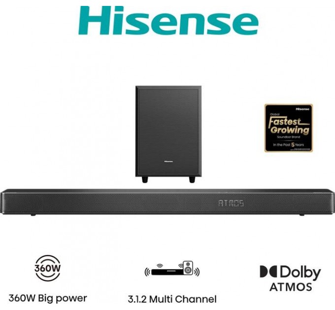 Саундбар 3.1.2 Hisense AX3120G (360 Вт, Dolby Atmos, Бездротовий сабвуфер, Bluetooth)