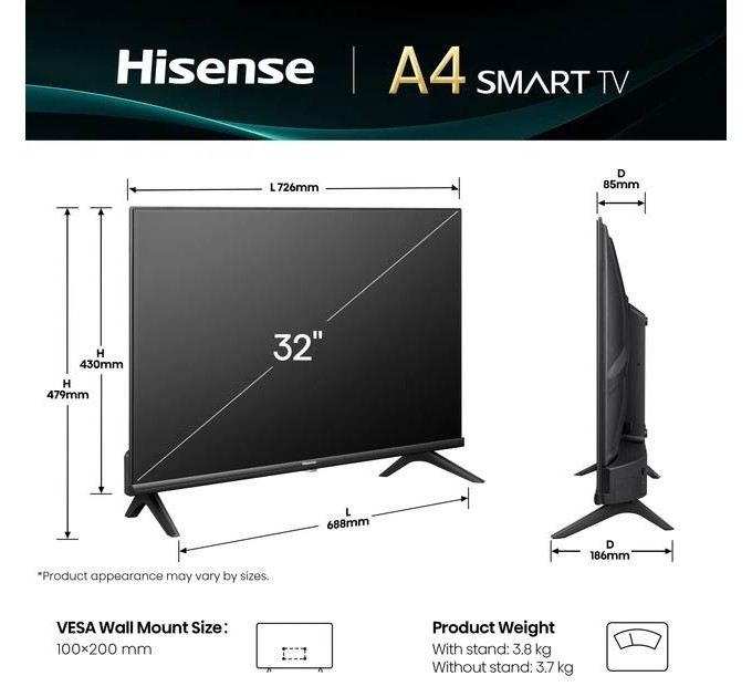 Телевізор 32" Hisense 32A4Q (QLED, Smart TV, VIDAA, Wi-Fi, Dolby Systems)