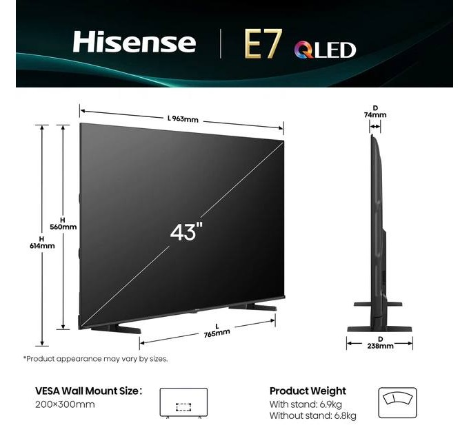 Телевизор 43" Hisense 43E7Q (QLED, 4K Ultra HD, Smart TV, VIDAA, Dolby Vision)