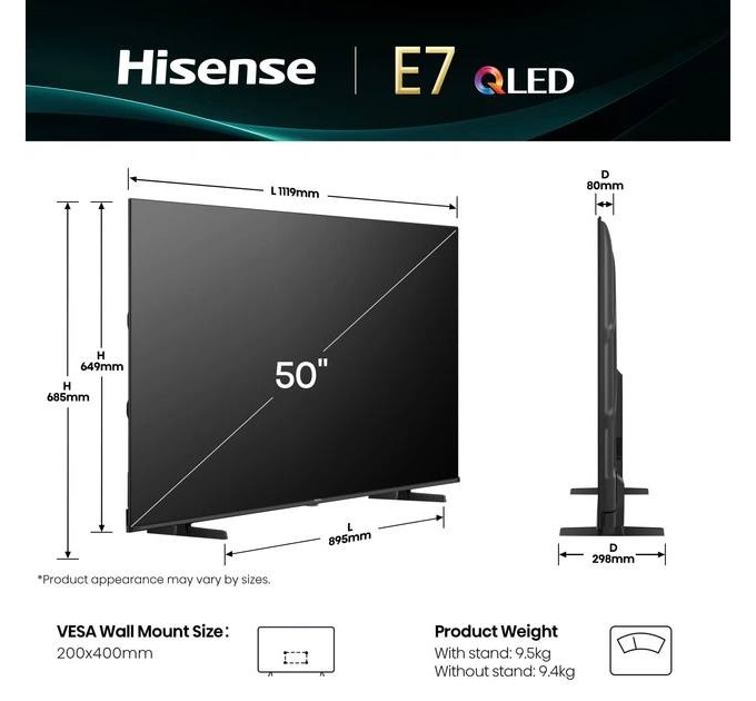 Телевизор 50" Hisense 50E7Q (QLED, 4K Ultra HD, Smart TV, VIDAA, Dolby Vision