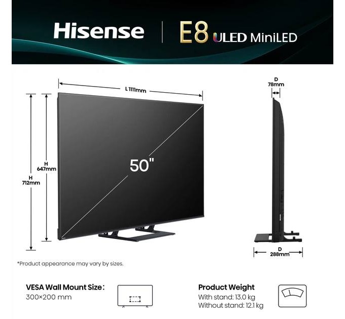 Телевізор 50" Hisense 50E8Q (Mini-LED, QLED, 4K Ultra HD, 144Hz, Google TV)